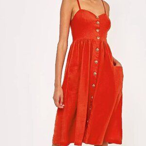 Urban Outfitters Emilia Red Linen Button Down Midi Dress - Size M
